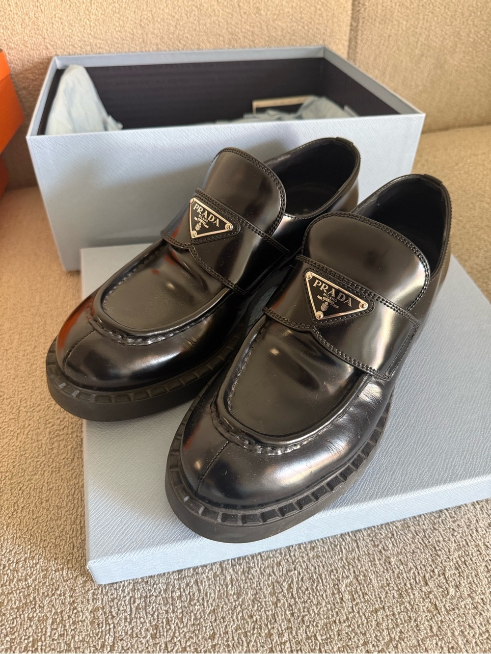 Prada Black Patent Leather Slip-On Loafers with Logo Plaque